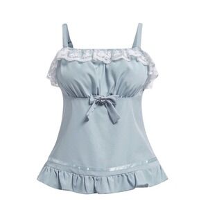 Romwe S Milkmaid Cami Tank Top Blue Bow Cottagecore Coquette Lace Ruffle